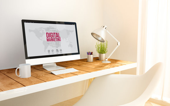 minimalist workplace with digital marketing computer