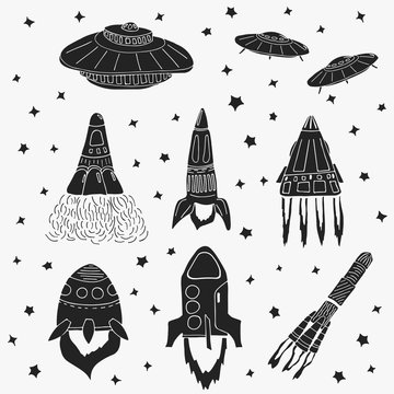 Set of hand drawn rockets. Space shuttle. UFO