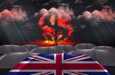 Protection Umbrella with flag of United Kingdom on a money war background