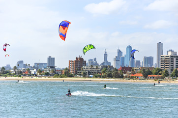 Kite surfing on St Kilda Beach in Melbourne, Australia