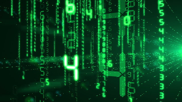 Green Numbers in Digital Code falling in rays of flashing light . Looped 3d animation. HD 1080.