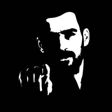 Intense dark shadow portrait of bearded man pointing index finger at camera. Vector illustration. 