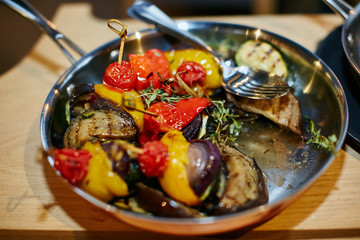 grilled vegetables in skillet