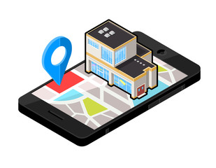 Isometric Smart Phone Locator - Department Store.
vector illustration of a mobile phone with Navigator map pointing to a large shop.
