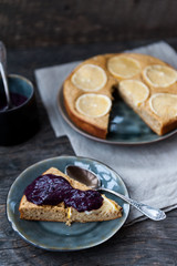 Lemon tart with blueberry sauce