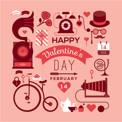 Romantic postcard with valentine's day symbols and silhouettes. Text composition with illustration in retro style.