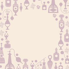 Decorative background with silhouettes of perfume bottles and packages. Banners with blank space for text blank space in a shape of circle, made in gentle colour palette.