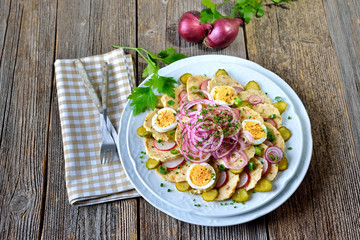 Bayerischer Knödelsalat aus geschnittenen Semmelknödel und weiteren Zutaten sauer mit Apfelessig und Öl angemacht