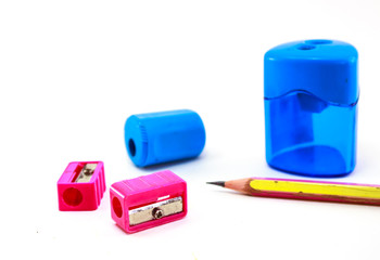Pink and blue Pencil Sharpener on white background
