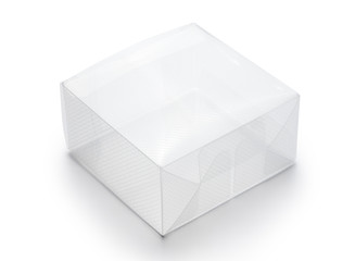 Empty transparent plastic box on white background