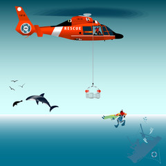 Obraz na płótnie Canvas Red rescue helicopter and fishermen at sea. Rescuer helicopter. Rescuer in the water. Basket rescue. The collapse of the sea. A sinking ship. Shark. Fur seal. Fishing net. 