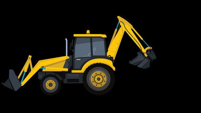 Construction yellow machinery works. Big excavator and bulldozer digging. Vehicle foundation. Illustrative graphic video element with key and mask for web banner. Animated vectors with alpha chanel.