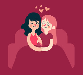 Girl Couple Hugging on Sofa