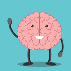Cheerful happy brain character waving hand. Medicine, education, science, creativity, imagination, knowledge concept. EPS 8 vector illustration, no transparency
