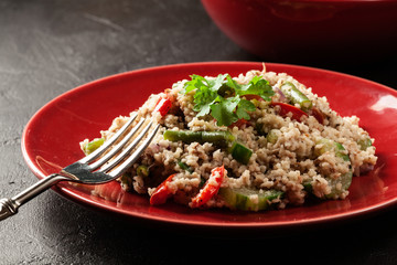 Salad couscous with tuna, bell pepper, cucumber, red onion and green beans
