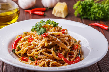 Homemade linguine pasta in arrabbiata sauce.