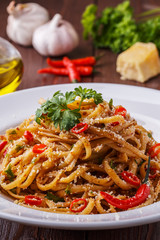 Homemade linguine pasta in arrabbiata sauce.
