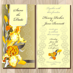 Wedding card with yellow iris bouquet background.