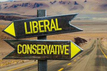 Liberal - Conservative signpost in a desert road on background