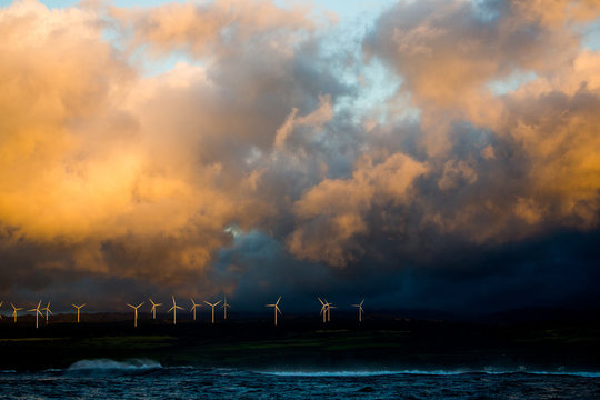 Row of wind turbines on a hill, Oahu, Hawaii