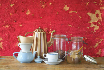 coffee concept: Coffee pot,coffee cup,coffee beans,coffee filter