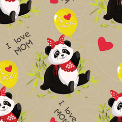 Seamless pattern with sitting cute panda and bamboo, vector illustration. EPS 8