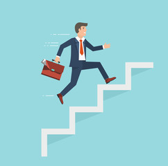Fototapeta premium Businessman with suitcase climbing the stairs of success. Flat s