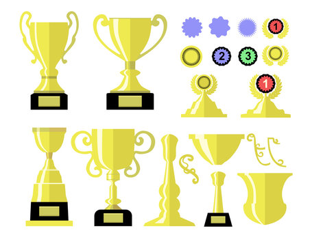 Winners cup. Set of different golden bowls and awards icons set.