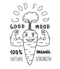 Carrot cartoon characters showing muscle arm. Health food concep