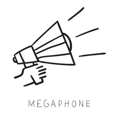 Hand holding megaphone,  simple line vector illustration.