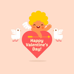 Vector illustration of cute cupid on the heart word for happy valentines day card
