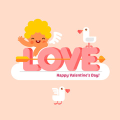 Vector illustration of cute cupid and love word for happy valentines day card