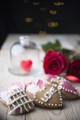 Festive cookies with hearts and roses for Valentine's Day.