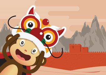 Monkey cartoon character and Great Wall of China Background. 2016 Happy Chinese New Year. Vector Illustration