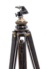 Closeup of old wooden tripod.