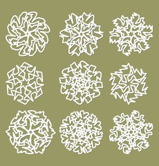 White geometric star shapes, snowflakes with fine shadow, set of design elements
