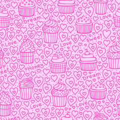 Sweet Valentines day background. Vector seamless pattern with doodle muffins and hearts. Love, honey, dream, sweet words.