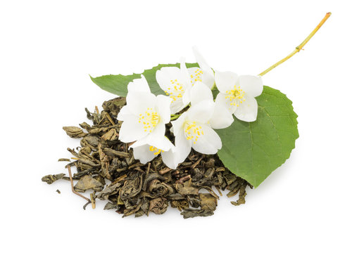 jasmine tea with jasmine flowers isolated on white background
