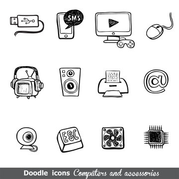 Computers and accessories doodles icon set.