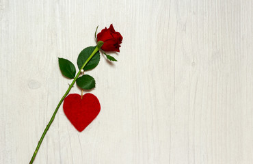 Red little felt heart and red rose hanging on a white wooden rustic board