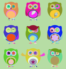 vector Set of nine cartoon owls with various emotions