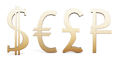 Set of Golden currency symbols. Dollar, Euro, Pound sterling and