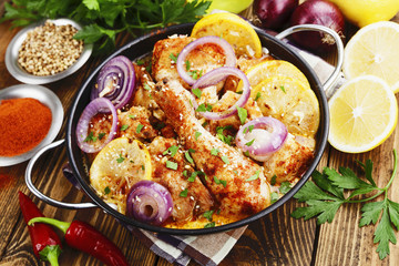Spicy chicken in a ceramic pot