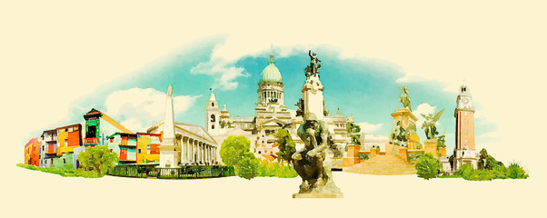 vector watercolor BUENOS AIRES city illustration