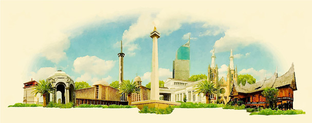 vector watercolor JAKARTA city illustration