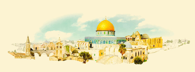 vector watercolor JERUSALEM city illustration - obrazy, fototapety, plakaty