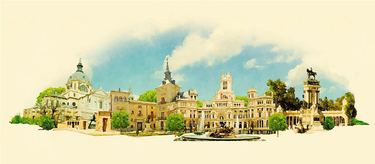 vector watercolor MADRID city illustration - obrazy, fototapety, plakaty