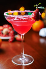 strawberry daiquiri on a table in restaurant. soft focus.