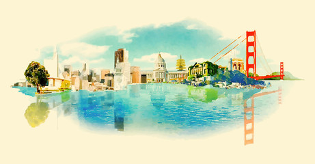 Fototapeta na wymiar vector watercolor SAN FRANCISCO city illustration