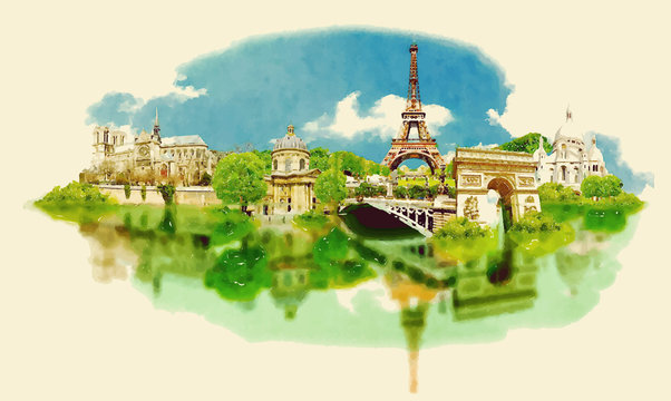 vector watercolor PARIS city illustration